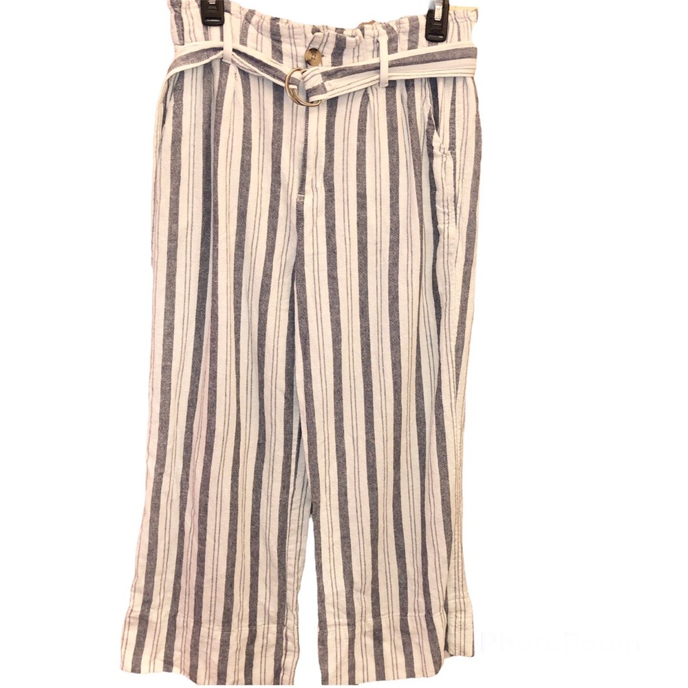 Mason & Belle Jacqueline Paperbag Linen Blend Belted Wide Leg Pants Blue white 8